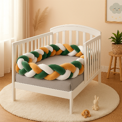 Tour de lit tressé vert, blanc et brun, vue de devant, installé dans une chambre chaleureuse.