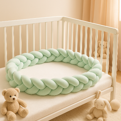 Tour de lit tressé vert menthe placé sur le lit à barreaux crée un environnement protecteur.