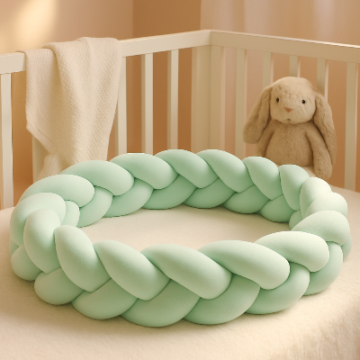 Tour de lit tressé vert menthe placé sur le lit de bébé.