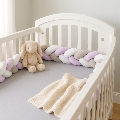 Tour de lit tressé violet, blanc et gris, vue de haut et de côté.