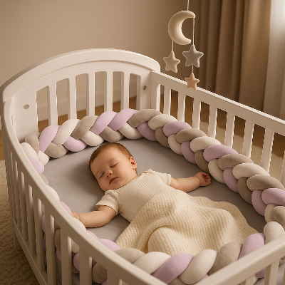 Tour de lit tressé violet, blanc et gris installé dans le lit à barreaux. Bébé dort dedans tranquillement.