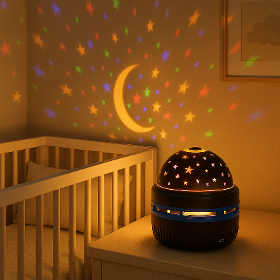 Veilleuse bébé projection plafond projetant les étoiles su mur dans la chambre de bébé. 