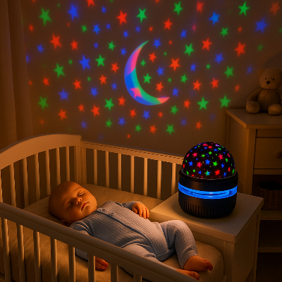 Veilleuse bébé projection plafond illuminant la chambre de bébé. Il dort paisiblement.