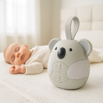 Veilleuse bruit blanc koala déposé à côté du bébé qui dort.