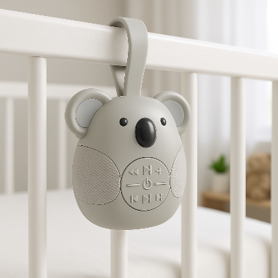 Veilleuse bruit blanc koala suspendu sur un lit.