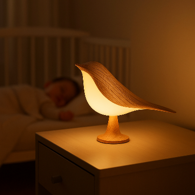 Veilleuse enfant Lumiaroma posée sur une table offrant une ambiance réconfortante et sécurisante pendant bébé dort.