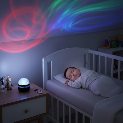 Bébé dort dans son lit sous une ambiance de la veilleuse projection.